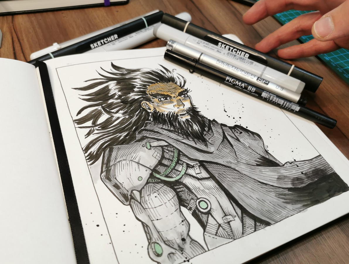 Sketchbook — guerrero con armadura y melena al viento