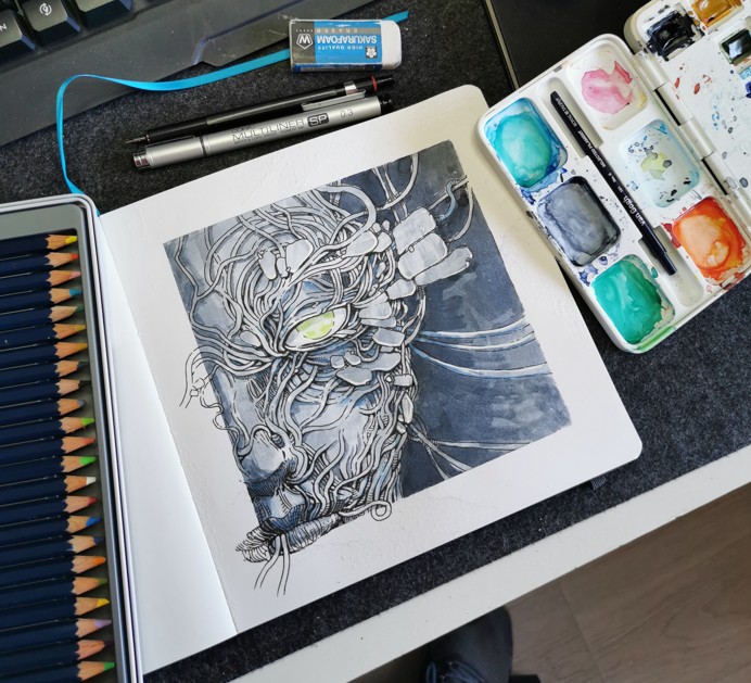 Sketchbook — retrato biomecánico en tinta y acuarela