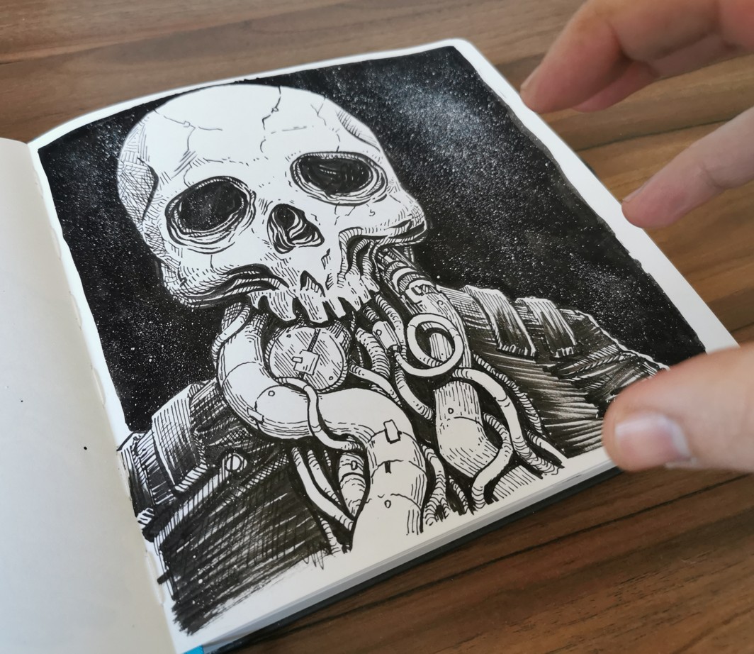 Sketchbook — cráneo biomecánico sobre fondo estrellado
