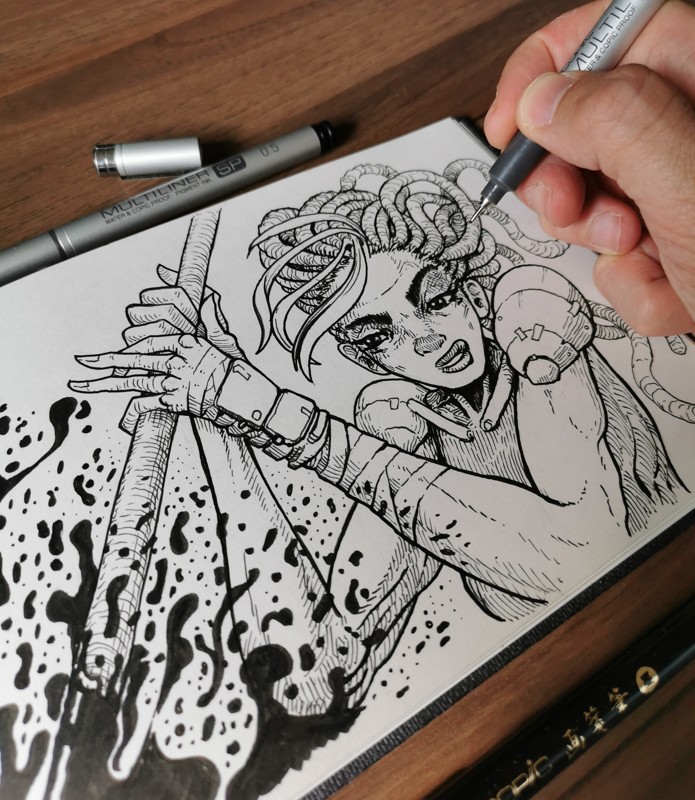 Sketchbook — guerrera con espada y brazo mecánico