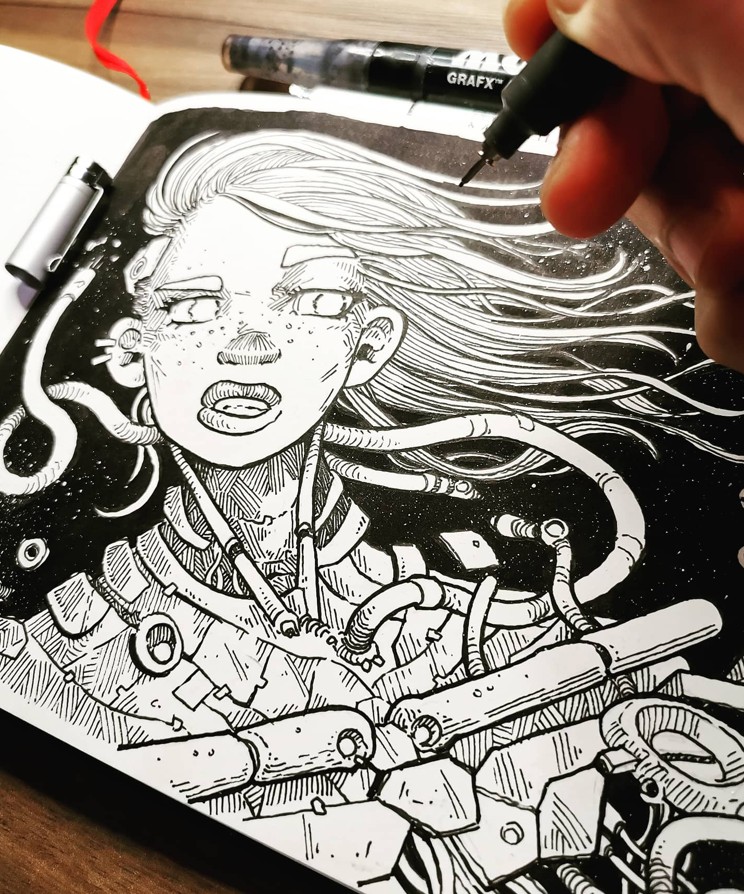 Sketchbook — retrato biomecánico de cabellos blancos
