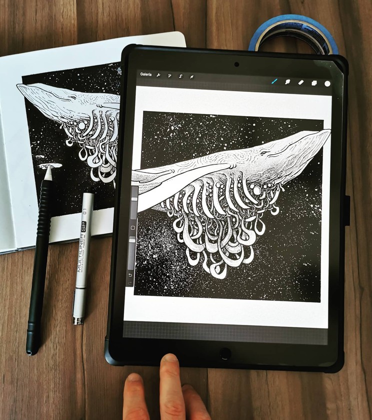 Sketchbook — ballena con tentáculos en fondo estrellado