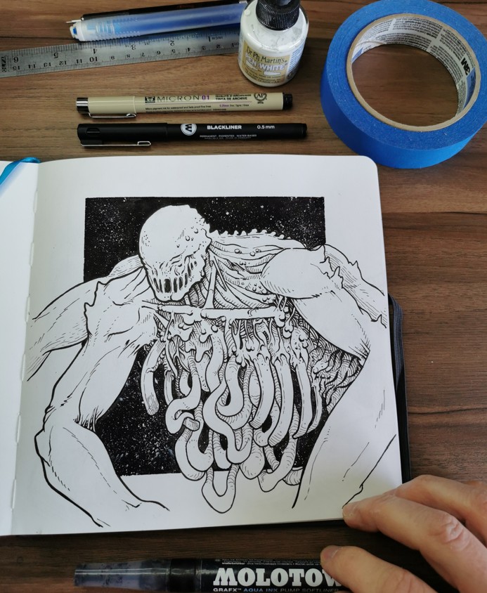 Sketchbook — criatura con tentáculos brotando del pecho