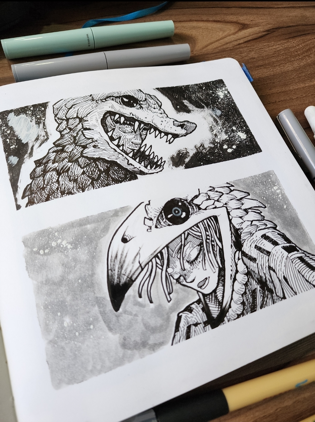 Sketchbook — fauces de bestia y figura con máscara de pájaro