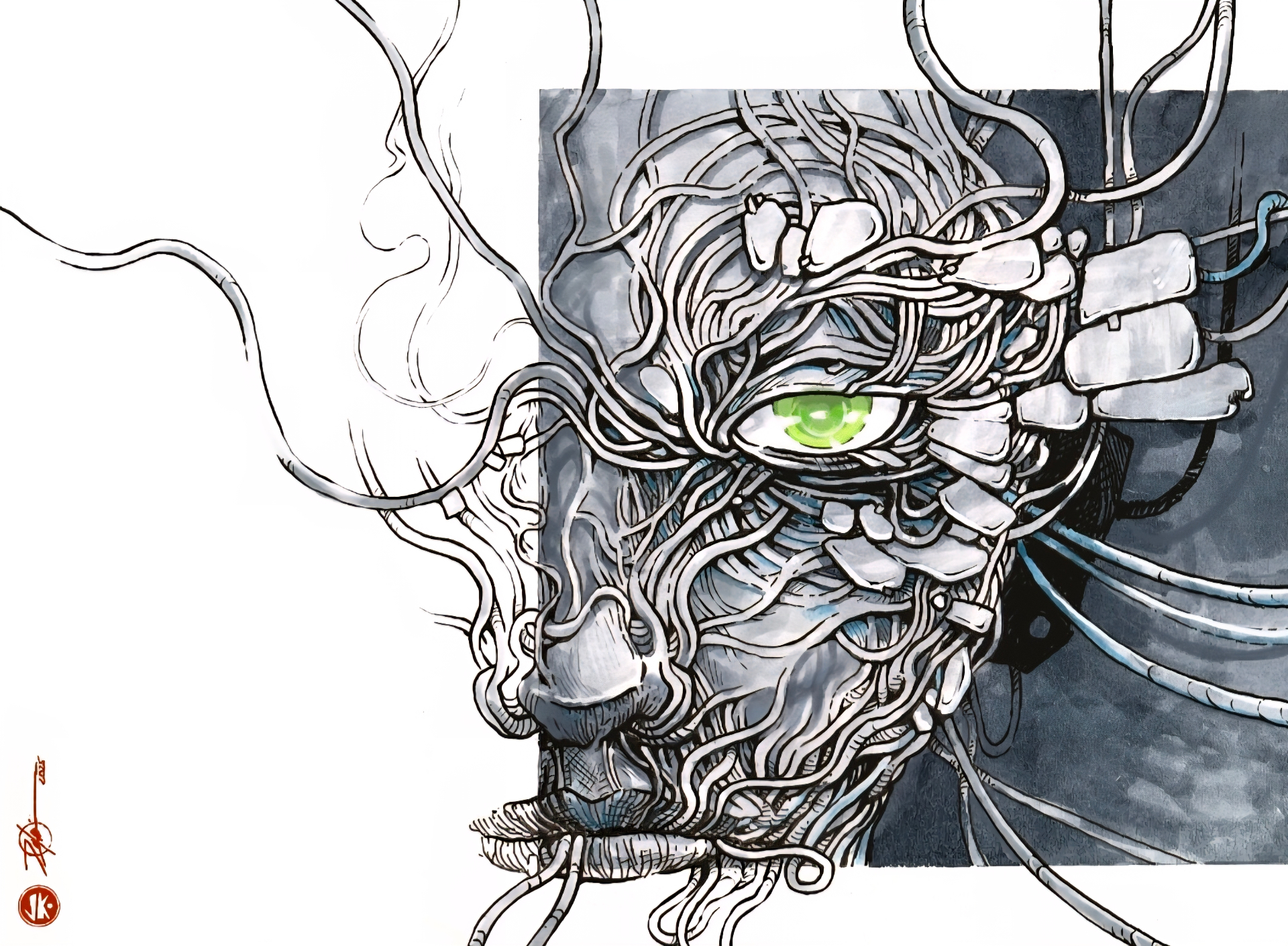 Sketchbook — retrato biomecánico con ojo verde y cables